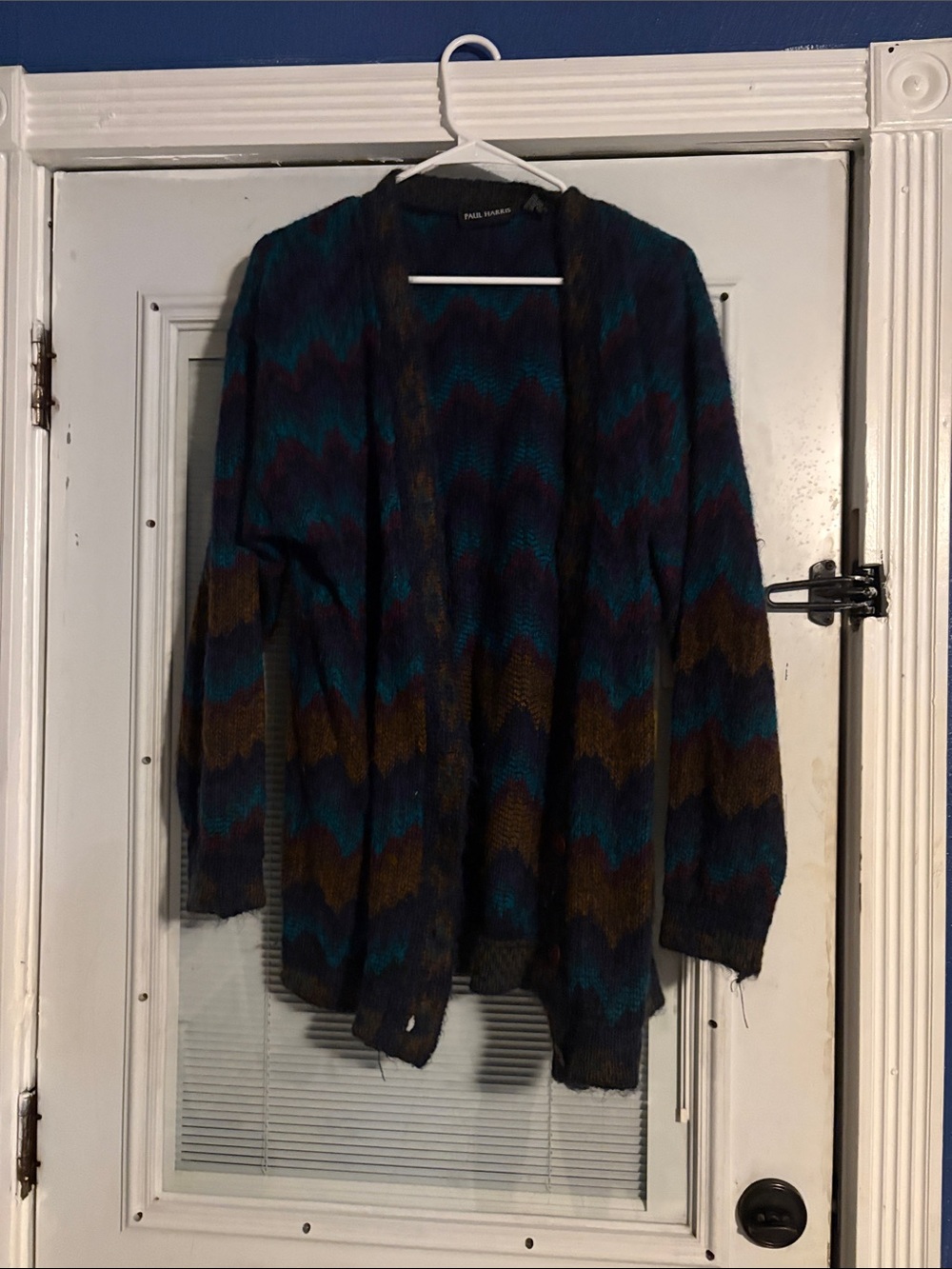 Open-Front Zigzag Knit Cardigan in Teal & Brown